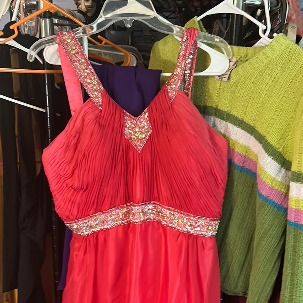 Watermelon/ pink formal dress silver beaded neck and waist